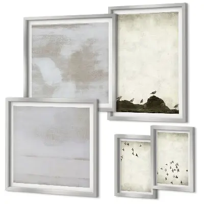 Galeria de quadros para parede tema pássaros minimalistas em voo