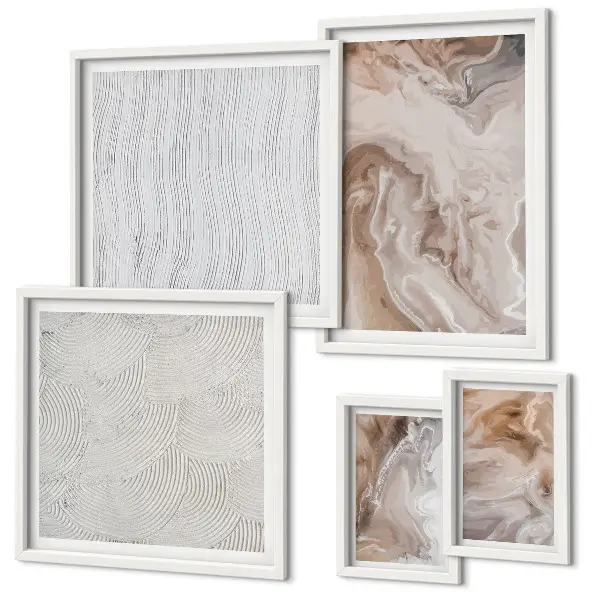 Conjunto de 5 quadros com moldura com textura de pedra e padrões de mármore