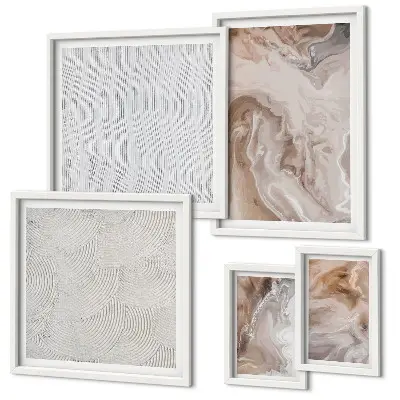 Conjunto de 5 quadros com moldura com textura de pedra e padrões de mármore