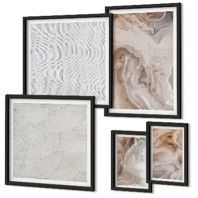 Conjunto de 5 quadros com moldura com textura de pedra e padrões de mármore