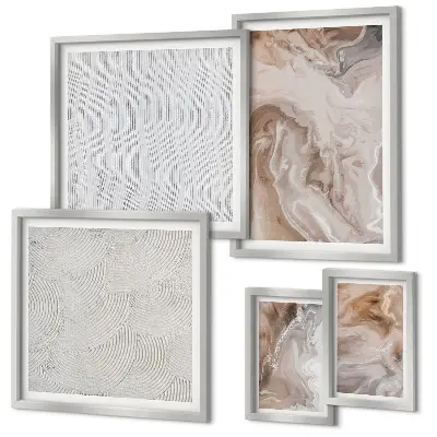 Conjunto de 5 quadros com moldura com textura de pedra e padrões de mármore