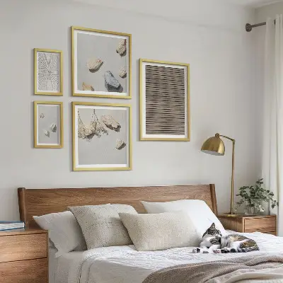 Conjunto de 5 quadros decorativos com texturas naturais de madeira e pedras