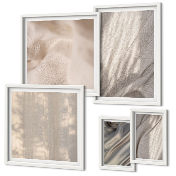 Conjunto de 5 quadros com moldura Tecidos boho naturais em close-up