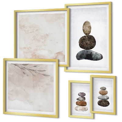 Conjunto de 5 quadros decorativos Pilhas de pedras pintura boho