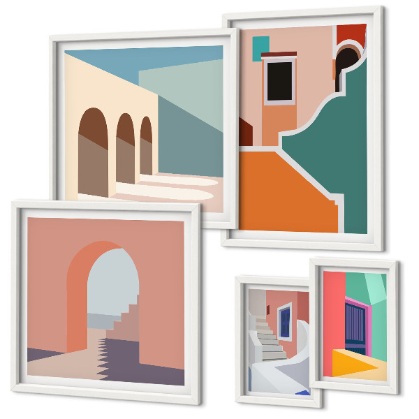 Conjunto de 5 quadros decorativos Ilustrações coloridas de edifícios