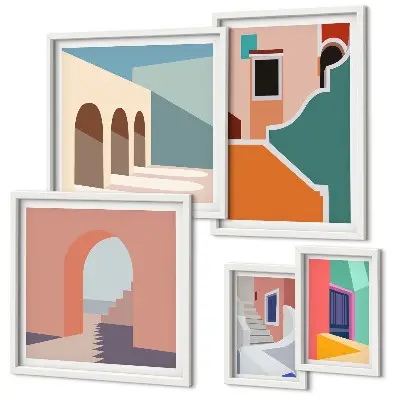 Conjunto de 5 quadros decorativos com ilustrações coloridas de edifícios