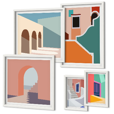 Conjunto de 5 quadros decorativos Ilustrações coloridas de edifícios