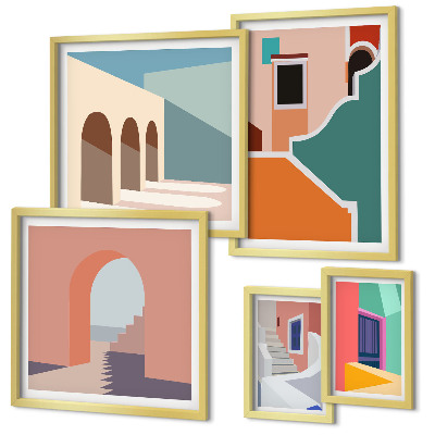 Conjunto de 5 quadros decorativos Ilustrações coloridas de edifícios