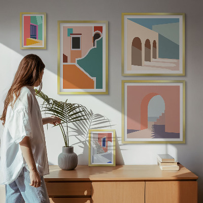 Conjunto de 5 quadros decorativos Ilustrações coloridas de edifícios