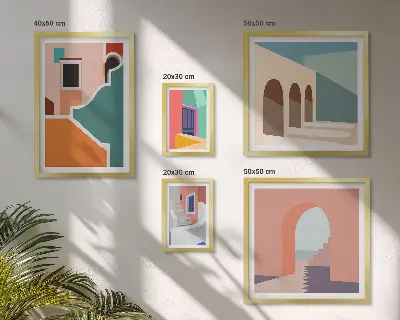 Conjunto de 5 quadros decorativos com ilustrações coloridas de edifícios