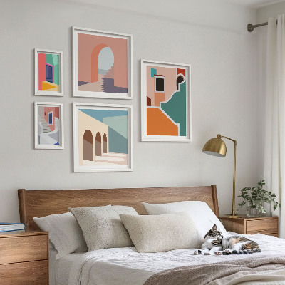 Conjunto de 5 quadros decorativos Ilustrações coloridas de edifícios