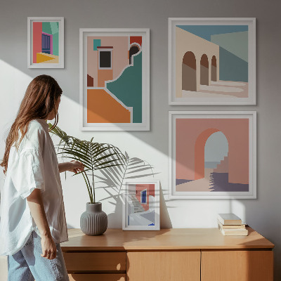 Conjunto de 5 quadros decorativos Ilustrações coloridas de edifícios