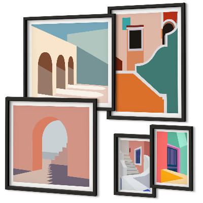 Conjunto de 5 quadros decorativos Ilustrações coloridas de edifícios