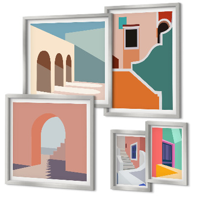 Conjunto de 5 quadros decorativos Ilustrações coloridas de edifícios