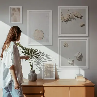 Galeria de quadros para parede com texturas naturais sutis em estilo boho
