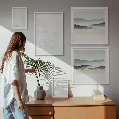 Galeria de quadros para parede com fundo abstrato em manchas brancas