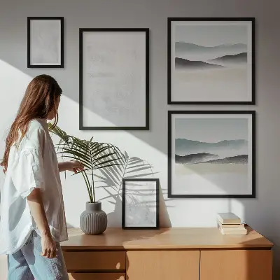 Galeria de quadros para parede com fundo abstrato em manchas brancas
