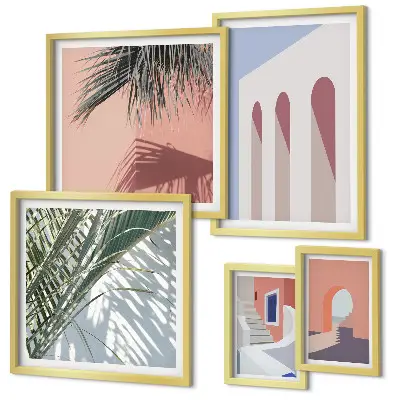 Conjunto de 5 quadros decorativos com ilustrações de arquitetura urbana