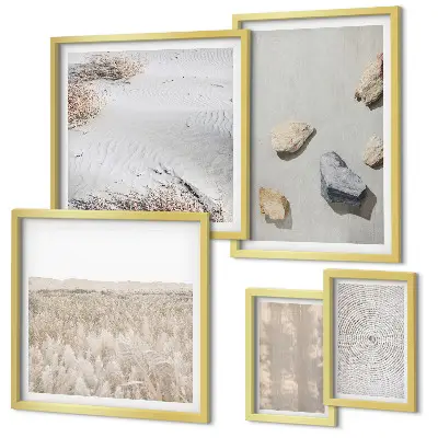 Parede galeria de quadros com texturas naturais boho