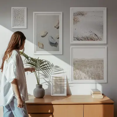 Parede galeria de quadros com texturas naturais boho