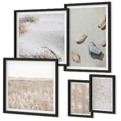 Parede galeria de quadros com texturas naturais boho