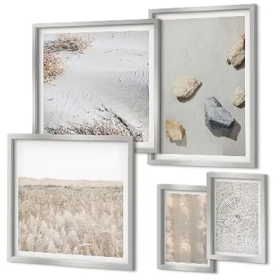 Parede galeria de quadros com texturas naturais boho