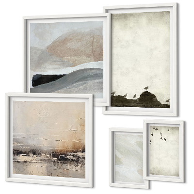 Conjunto de 5 quadros decorativos Decorações com pinceladas de pássaros e pedras