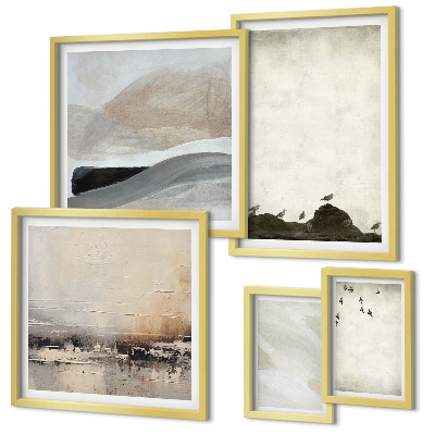 Conjunto de 5 quadros decorativos Decorações com pinceladas de pássaros e pedras