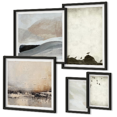 Conjunto de 5 quadros decorativos Decorações com pinceladas de pássaros e pedras