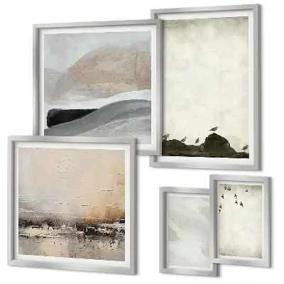 Conjunto de 5 quadros decorativos com estampas de pássaros e pedras