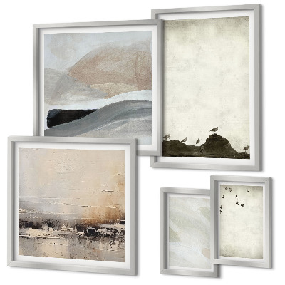Conjunto de 5 quadros decorativos Decorações com pinceladas de pássaros e pedras