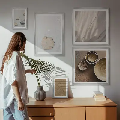 Galeria de parede com texturas minimalistas e aconchegantes