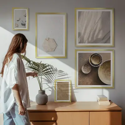Galeria de parede com texturas minimalistas e aconchegantes