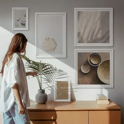 Galeria de parede com texturas minimalistas e aconchegantes