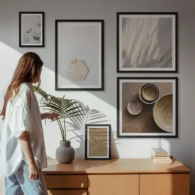 Galeria de parede com texturas minimalistas e aconchegantes