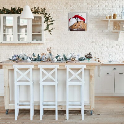 Relógio de parede Quadrado-Chapéu de Papai Noel Gato Natal