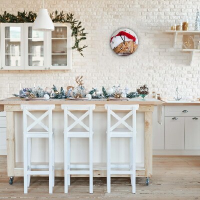 Relógio de parede Redondo-Chapéu de Papai Noel Gato Natal