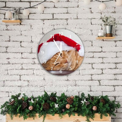 Relógio de parede Redondo-Chapéu de Papai Noel Gato Natal