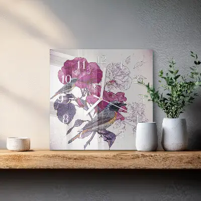 Relógio quadrado Pássaros e flores